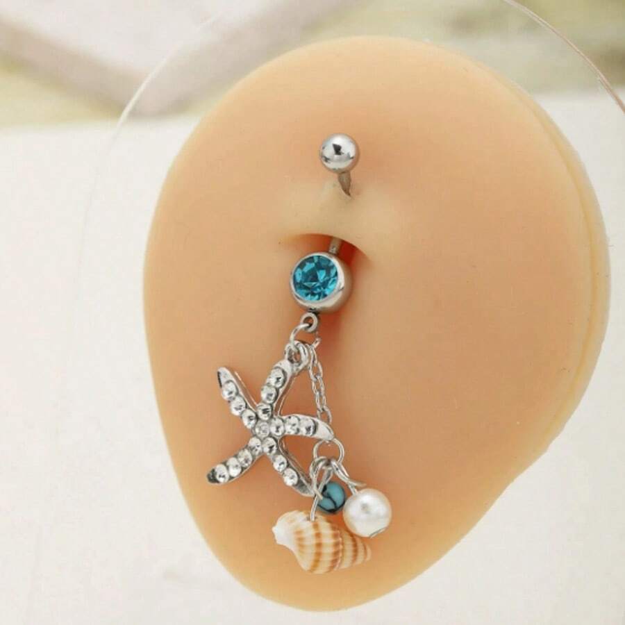 1pc Rhinestone Starfish & Seashell Navel Ring, Stainless Steel Ocean Series Belly Button Piercing - Multicolor - View 1