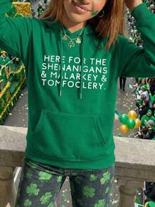 Women's Casual Funny Slogan Graphic Round Neck Long Sleeve Hoodie, Suitable For Spring, Autumn And Winter, Valentine's Day/Back To School Outfit - Green - View 5