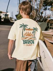 Tween Boys Casual Printed Crew Neck Short Sleeve T-Shirt, Summer Top - Apricot - View 1