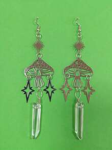 Bohemian Style Natural Asymmetrical Crystal Star & Mushroom Shaped Dangle Earrings For Women & Girls - Silver - View 3