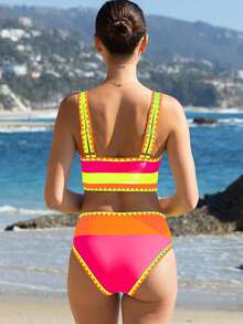 popvil Women Sporty Color-Blocked Shell Trim Bikini Three Pieces Set With U-Neck Top, High Waist Bottom And Swim Skirt For Summer Holiday Vacation Beach - Hot Pink - View 6