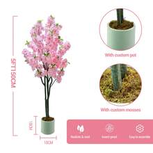 Árbol Artificial de Flor de Cerezo Rosa con Maceta, Planta Grande Realista con Flores Falsas, Decoración para Interiores y Exteriores, Hogar, Oficina, Navidad - Barra doble - 5 pies - Ver 2