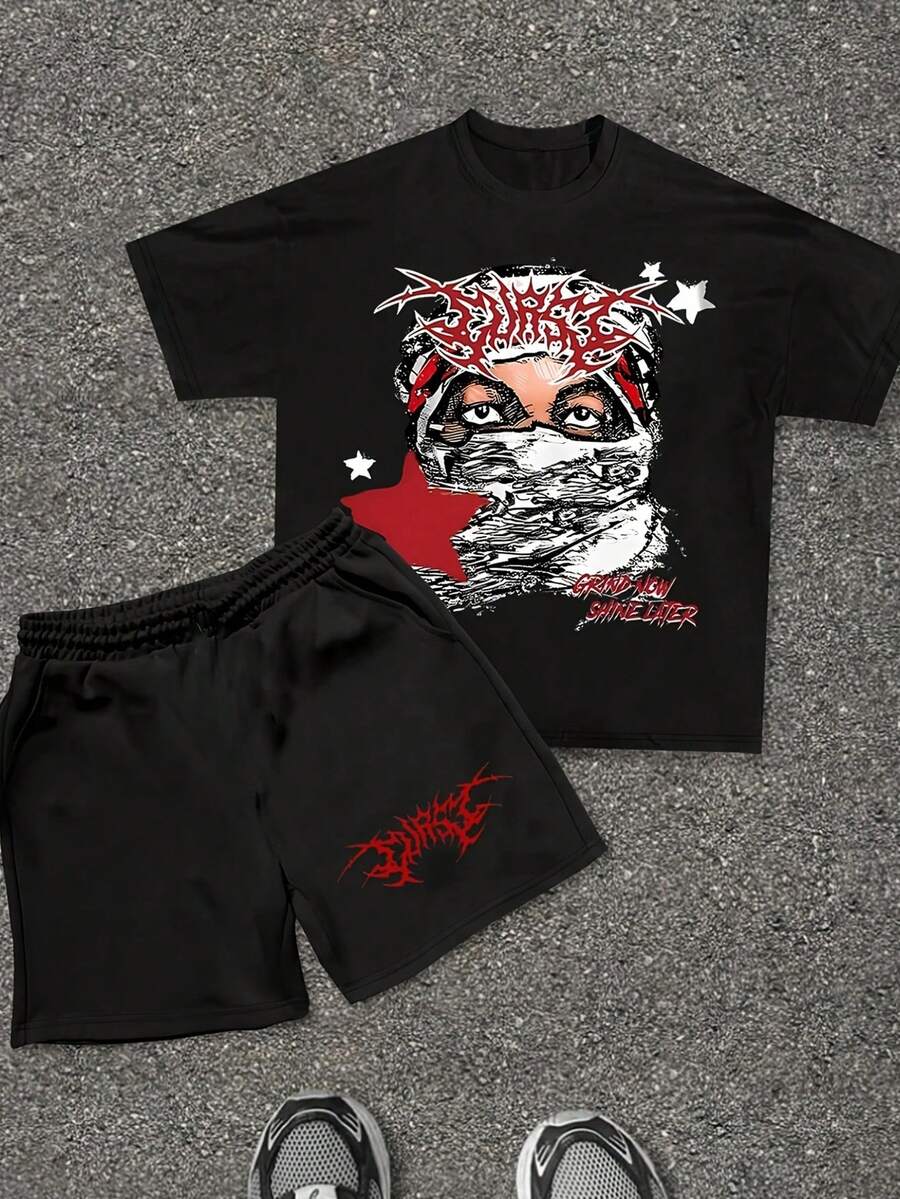 2PCS Youth And Boys Y2K Set Summer Round Neck Short Sleeves And Shorts - Masked Figure - Printed T-Shirt Set, Suitable For Boys To Wear Back To School, Parties, Outdoors, And Travel - màu đen - Xem 1