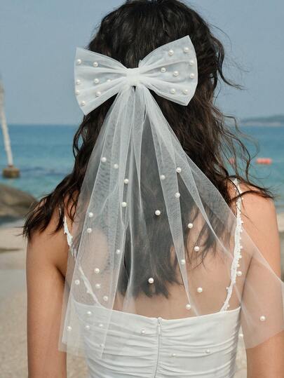 Opalesca 1 件白色新娘鸟笼面纱，人造珍珠网状面纱，婚礼登记的简约风格，派对的短面纱，人造珍珠发夹，婚纱配饰，简约设计面纱发夹情人节