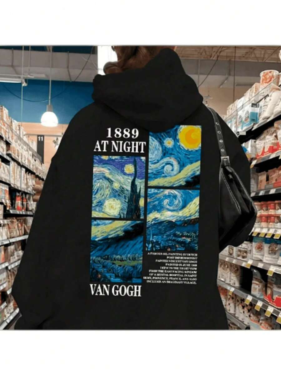 100% Cotton Kangaroo Hoodie Sweatshirt For Cold Weather, Unisex Van Gogh Vintage 1889, Winter Sweatshirt, Unisex Comfort Urban Style Minimalist Soft Modern Design Ideal For Summer And Gym Fashion 16 To 40 Years Versatile Clothing Street Casual Urban Fashion Current Look - 黑色 - 查看 1