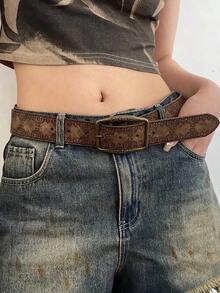 Boho 1pc Brown Pu Leather Belt With Antique Bronze And Printed Pattern Halloween Summer, School Fall, Autumn, Halloween - màu nâu - Xem 7