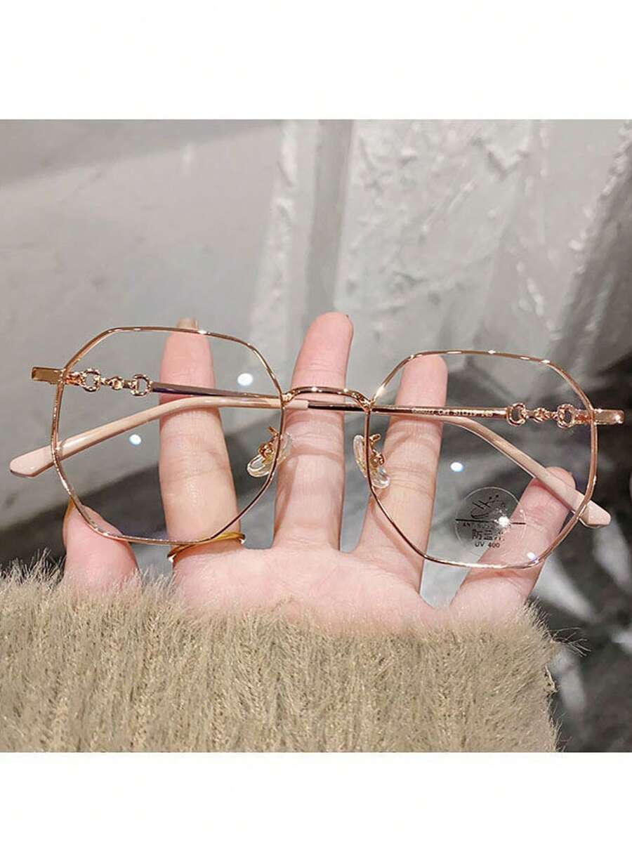Gold Polygon Metal Frame Fashionable Non-Prescription Glasses, Suitable For Street Photography, Shopping, Fashion Outfits, Travel, Casual Daily Wear, Any Occasion - Gold - View 1