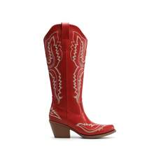 Cowboy Knee High Boots For Women Western Retro Embroidered Cowgirl Boots Fashion Narrow Square Toe Comfortable Vintage Side Zipper Tall Boots For Ladies - 紅色 - 查看 6