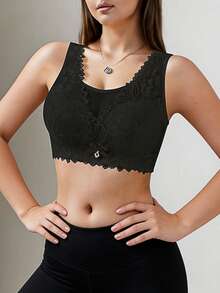 Minimalist Solid Color Floral & Lace Wireless Full Coverage Bra, Comfortable Breathable Ladies Underwear - Black - View 3