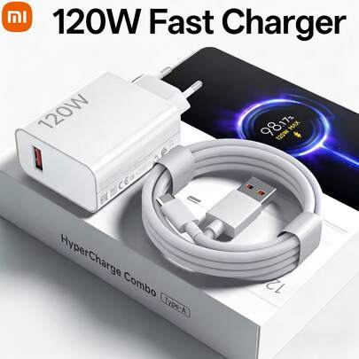  Xiaomi Original 120W Super Fast Charger Set, Global Version Type-A Power Adapter With Type-C Charging Port (Complies With European Standard Plug), Includes 1M Data Cable, White