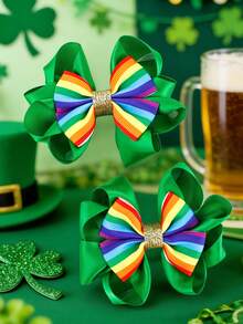 2pcs/Pack Saint Patrick's Day Green Clover Bow Hair Clips For Girls - Multicolor - View 3