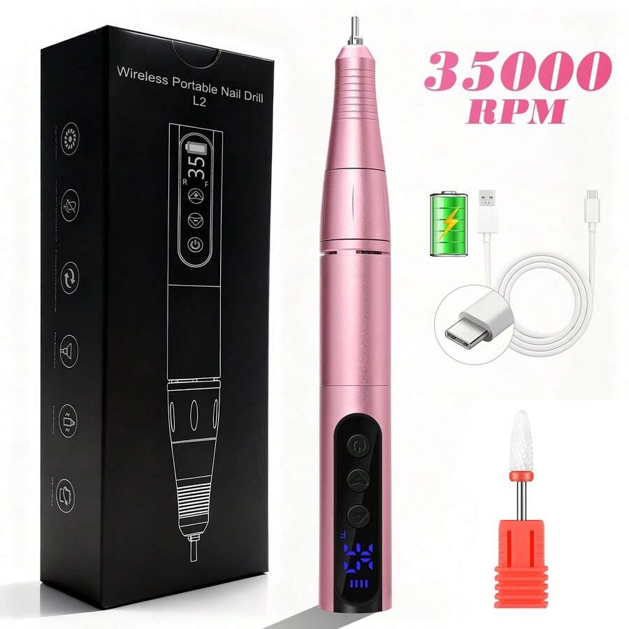 Cordless 35000RPM Electric Nail Drill Machine With LCD Display Forward Reverse Direction For Manicure Home Equipment - Hồng - Xem 1