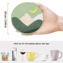 8件套DIY钻石画杯垫套装，带支架 - 月亮主题，圆形和不对称钻石形状，木制工艺套装，适合成人和初学者 - 查看 10