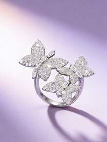 1枚奢华微镶嵌白金镀层铜戒指，饰有3只蝴蝶，独特设计的锆石戒圈，女士款 - 蝴蝶型 - 查看 3