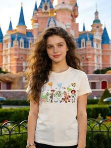 Disney Authorized Women's Casual Short Sleeve T-Shirt,  Woody & Buzz  Balloon Print, Retro Cartoon Style, Breathable Comfortable Fabric, Machine Washable, All-Match Daily Wear - Màu be - Xem 1