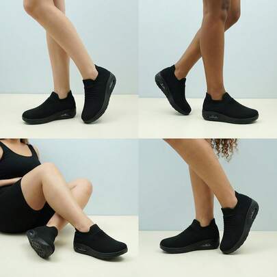 Women's All Black Casual Sneakers, Cushioned Slip-On Knit Sock Shoes, Comfortable Dance Shoes