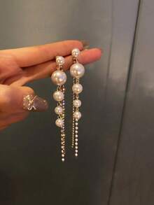 1 Pair Bridal Crystal & Pearl Tassel Drop Earrings - White - View 1