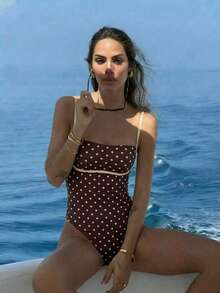 女士春夏新款休闲优雅性感沙滩度假约会派对棕色波点印花吊带连体泳衣 - 彩色 - 查看 6