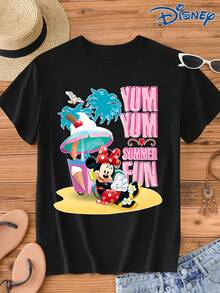 Disney IP Authorized Minnie Mouse Graphic Print Short Sleeve T-Shirt, Round Neck, Stretchy, Easy Care Material, Suitable For Daily Wear, Fashionable Women's Short Sleeve T-Shirt, Casual Wear - Black - View 1