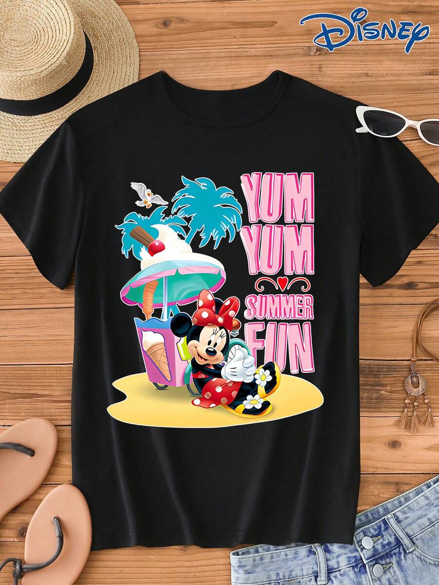Disney IP Authorized Minnie Mouse Graphic Print Short Sleeve T-Shirt, Round Neck, Stretchy, Easy Care Material, Suitable For Daily Wear, Fashionable Women's Short Sleeve T-Shirt, Casual Wear - Black - View 1