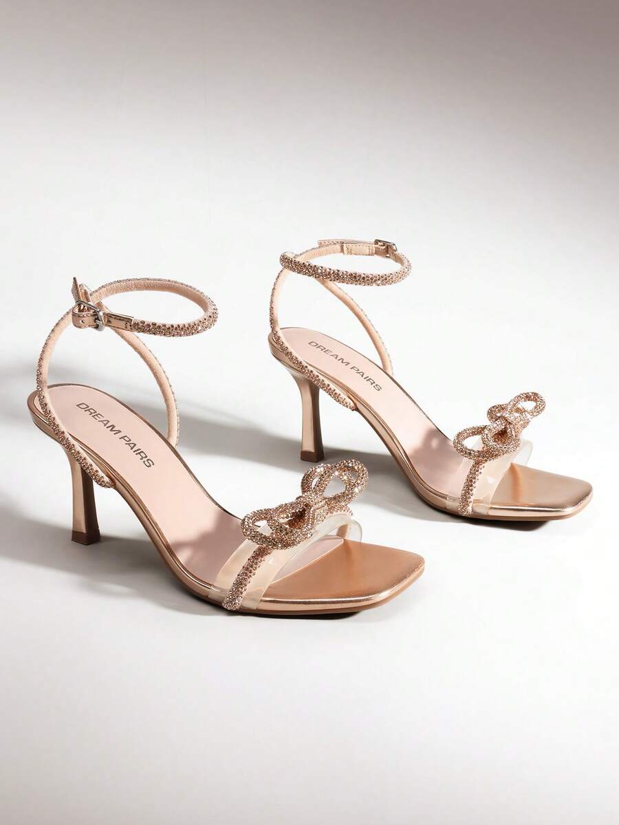 Women Rhinestone Bowknots Stiletto Heeled Sandal Fashion Open Square Toe Adjustable Ankle Strap Dress Shoes For Wedding Party Prom - Champagne - View 1