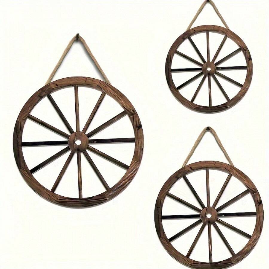3pcs Vintage Wooden Carriage Wheel Decor - Solid Wood Wheel Pendant For Bar Decoration, Antique Style Wooden Wheel For Furniture Decor - Retro Western Cowboy Theme, Suitable For Bar, Garage And Home Decoration - 9.84*9.84 Inches - View 1