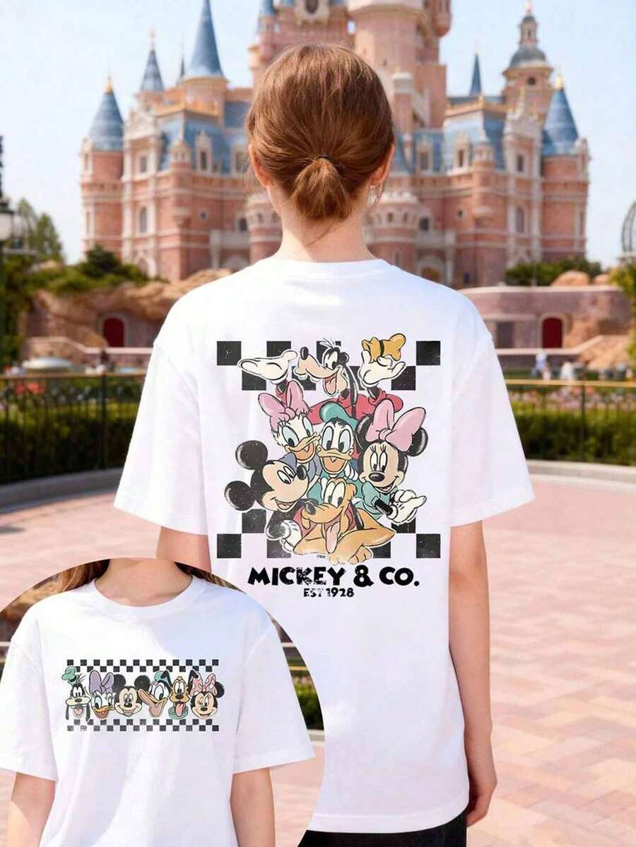Disney Mickey And Friends Graphic T-Shirt, Casual Round Neck Women's T-Shirt, Comfortable And Soft Pure Cotton Material, Suitable For Back-To-School Parties, Outings, School Commutes, And Other Women's Short-Sleeved Tops. - White - View 1