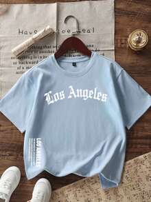 T-shirt imprimé avec slogan motivant << Los Angeles » pour garçon préadolescent, et haut d'été à la mode pour garçons - Bleu ciel - Voir 2