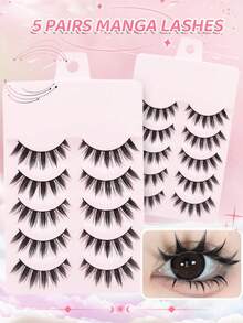 5 Pairs Curled & Fluffy False Eyelashes, Cat Eye Natural Cartoon Style Eyelashes, Elongated Winged Lashes - Black - View 1