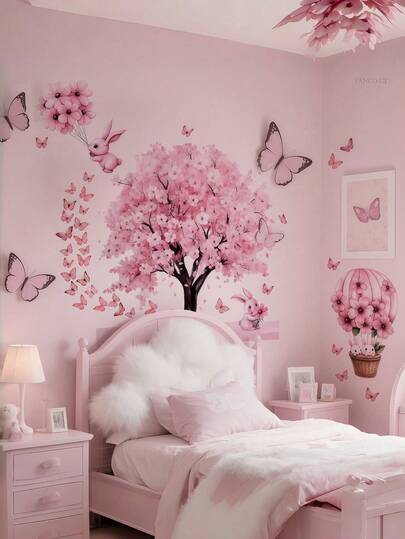 1 adet Çıkarılabilir Mat Pembe Tavşan, Ağaç, Kelebek Duvar Çıkartması, Oturma Odası, Yatak Odası, Çocuk Odası, Ev Dekorasyonu, Bahar Dekorasyonu, Doğum Günü Hediyesi, Mezuniyet Töreni için Uygundur