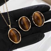 1 dây chuyền mặt dây chuyền hình học bất đối xứng sang trọng cổ điển bằng hổ phách và 1 đôi bông tai dành cho nữ - màu nâu - Xem 6