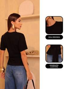 Maria do Luxo Stylish Women's Basic Tie-Front Blouse With Short Sleeves - Negro - Ver 2