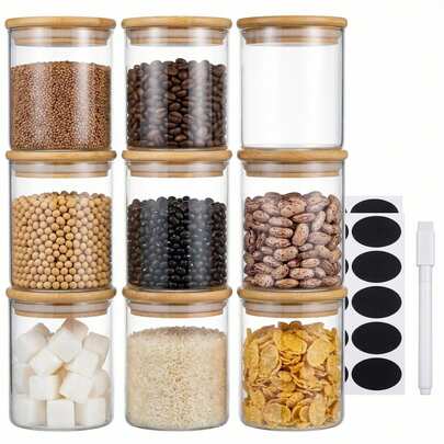 9-Piece Set Of 17 Oz Small Square Storage Cans With Stickers And Markers. Glass Containers Are Suitable For Spices, Coffee, Seasonings, Kitchen And Home Use. Perfect Gifts For Friends And Family, Spice Jars, Cookie Boxes, Kitchen Storage Supplies