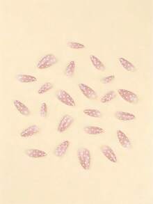 24pcs White Polka Dot Nail Stickers, Almond Shaped Nail Art Set, Includes 1 Sheet Of Adhesive Stickers And 1 Mini Nail File, Suitable For Daily Wear - Multicolor - View 3