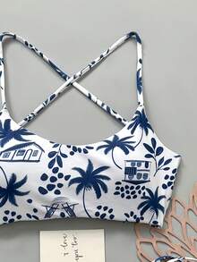 2pcs Casual Elegant Sexy Bohemian Leopard Star Print Tie-Up Crochet Contrast Trim Bikini Swimwear, Beach Holiday, Spring/Summer - Blue - View 5