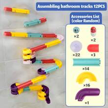 12/16 piezas Juego de ensamblaje de pista de baño, juego de tobogán de agua de plástico sin electricidad con canicas, bloques de construcción de tuberías DIY creativos, adecuado para niños pequeños - Juego de ducha divertido, apto para niños de 3 a 6 años, pista de baño, bebé, baño, ducha - Barras de baño - Ver 14