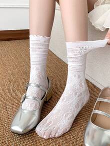 1 Pair/3 Pairs Lace Trim Mid-Calf Socks, Women's Breathable Sheer Ballet Style Long Socks, Thin For Spring And Summer - Multicolor - View 6