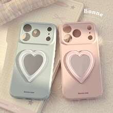 Ốp lưng điện thoại mềm hình trái tim dễ thương có gương soi, tương thích với iPhone 17 Pro Max, 15, 13, 12. Phong cách ngọt ngào, nữ tính, hình học, kiểu Hàn Quốc, tối giản, dễ thương, độc đáo, thú cưng dễ thương, nữ tính dịu dàng, phong cách . - Sương mù biển xanh - Xem 1