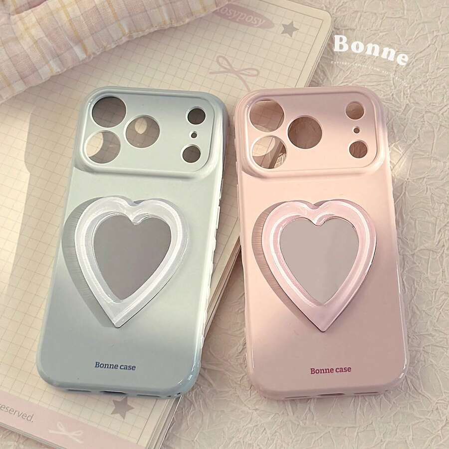 Ốp lưng điện thoại mềm hình trái tim dễ thương có gương soi, tương thích với iPhone 17 Pro Max, 15, 13, 12. Phong cách ngọt ngào, nữ tính, hình học, kiểu Hàn Quốc, tối giản, dễ thương, độc đáo, thú cưng dễ thương, nữ tính dịu dàng, phong cách . - Sương mù biển xanh - Xem 1