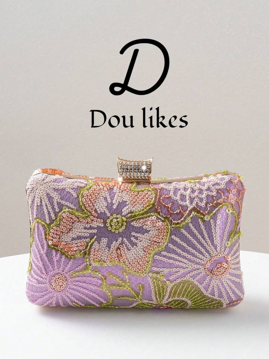优雅花卉串珠刺绣晚宴手拿包，时尚手提包，配金属链条肩带，适合舞会、婚礼、晚宴、派对等场合，完美搭配女士毕业礼服、亮片礼服和正式优雅连衣裙。 - 紫丁香色 - 查看 1