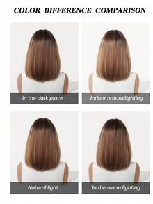 12 Inch Machine Made Heat Resistant Synthetic Wig With Bangs, Light Brown Highlight Layered Bob Wig For Daily Wear & Party Looks - Brown - View 8