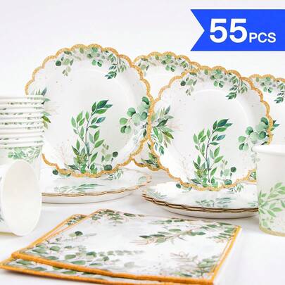 Gold-Rimmed Green Leaf Shaped Disposable Plates, Napkins, Cups - One-Time Party Supplies Set, Suitable For 10 Guests, Disposable Paper Plates Party Tableware For Birthday, Wedding, Theme Party, Family Picnic