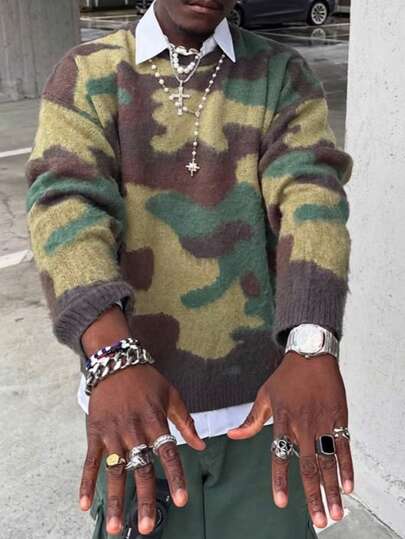 ANDREILEE Autumn/Winter Unisex Fluffy Camouflage Pattern Jacquard Casual Commute Streetwear Pullover Knit Sweater
