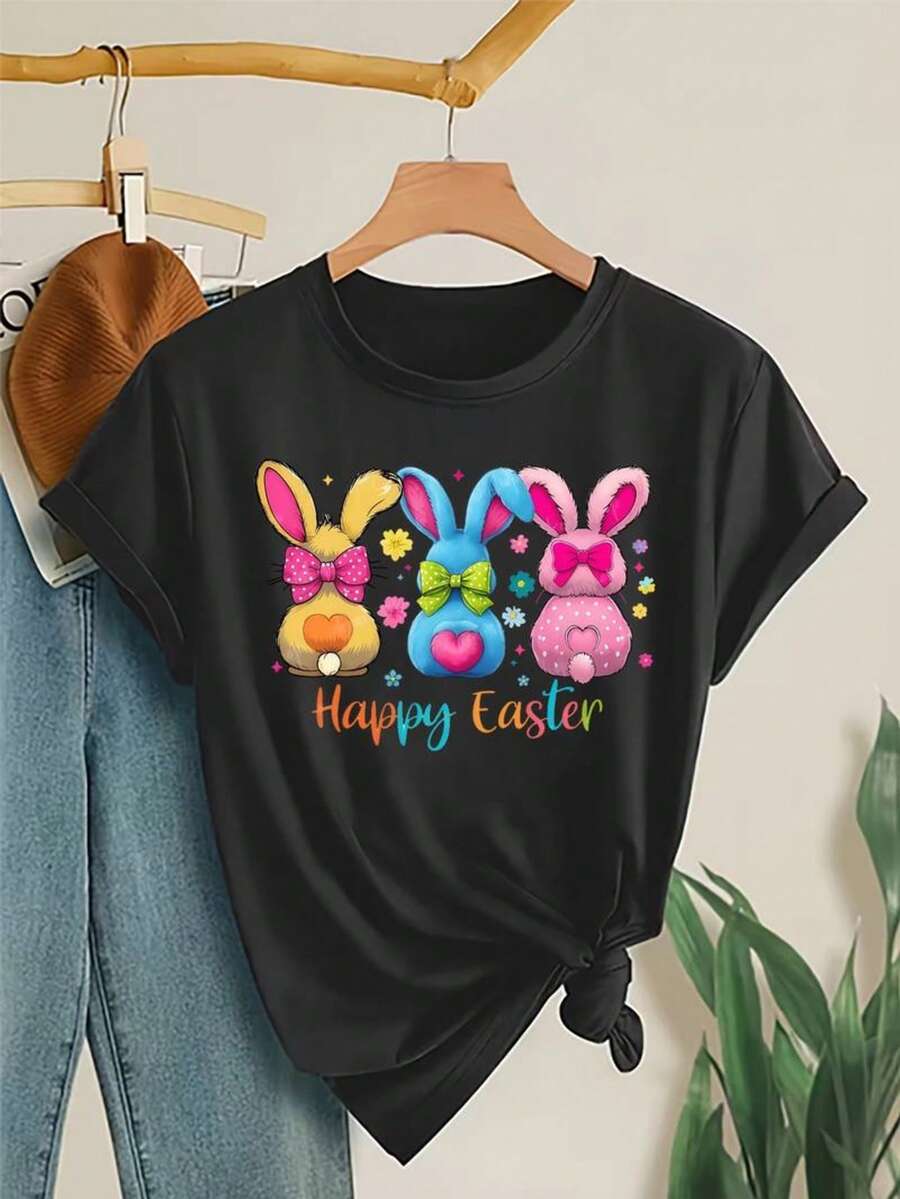 Soft Washable Casual Round Neck Short Sleeve T-Shirt With 3 Colorful Easter Bunnies And "Happy Easter" Text, Fashionable Elegant Party Gift, Stretchy & Comfortable Black Summer - Black - View 1