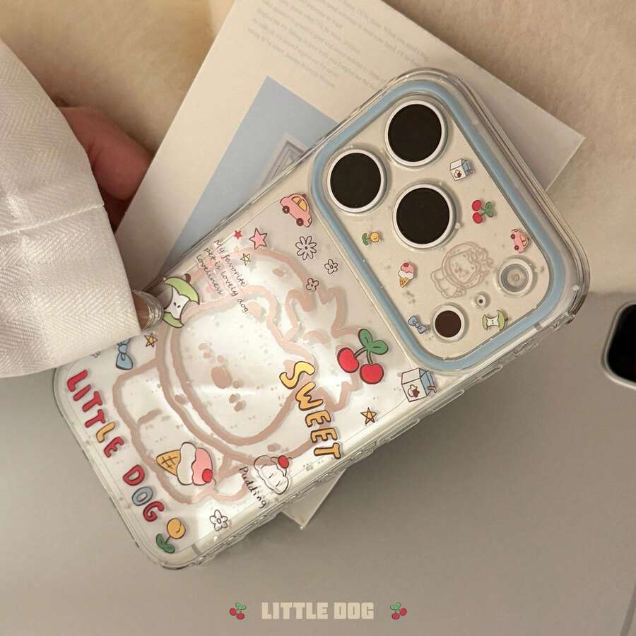 Étui de téléphone mode minimaliste avec motif de chien mignon GUCADI Transparent compatible avec iPhone 16 Pro Max, 13, 11, 15. Étui de téléphone avec dessin de chien de dessin animé mignon, style dessin animé, géométrique, minimaliste, adorable, à la mode Ins, cadeau de printemps