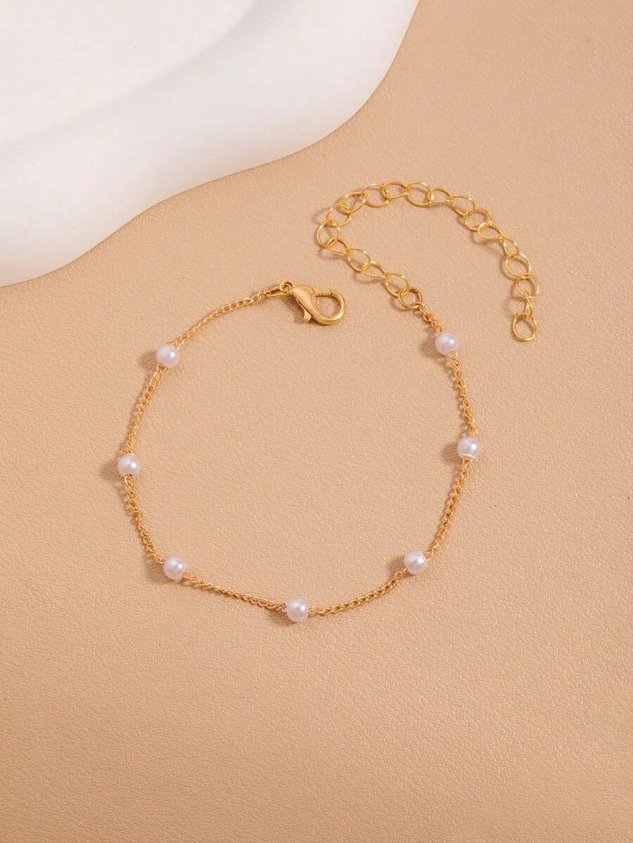 1pc Fashionable & Cute Small Pearl Anklet, Versatile Accessory To Pair With Outfits, Essential Daily Wear - Gold - View 1