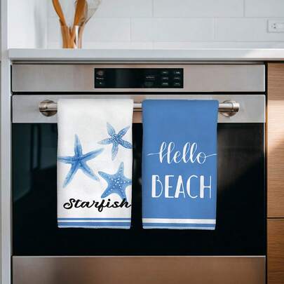 2pcs Ocean Style Blue & White Starfish Pattern Microfiber Kitchen Towels, 40*60cm Absorbent Dish Cloths, Suitable For Kitchen, Bathroom, Housewarming Gifts, Great Value