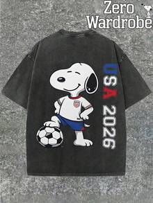 2026  World Cup Snoopy Pattern Print, Black Washed Distressed Short Sleeved T-Shirt, Black Breathable Loose Casual Style T-Shirt, Suitable For Daily Home And Outdoor Casual Men's Black Short Sleeved T-Shirt Top. - 黑色 - 查看 2