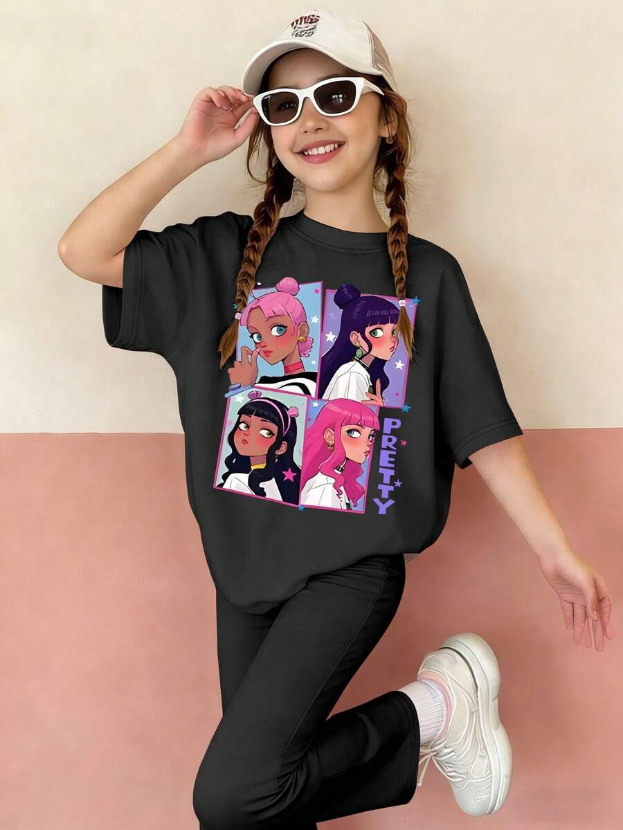 Dieses lässige Outfit zeichnet sich durch ein einzigartiges Mädchen-Gruppe-Muster-Design aus, bestehend aus einem rosa Kurzarm-Rundhals-T-Shirt und einem Paar rosa ausgestellter Hosen. - Schwarz - Übersicht 1