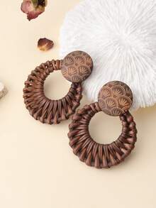 1 Đôi bông tai tròn rỗng đan thủ công bằng mây với vòng gỗ tự nhiên, phong cách nghỉ dưỡng đảo nhiệt đới thời trang, thích hợp cho kỳ nghỉ, tụ họp và làm quà tặng. - màu nâu - Xem 5